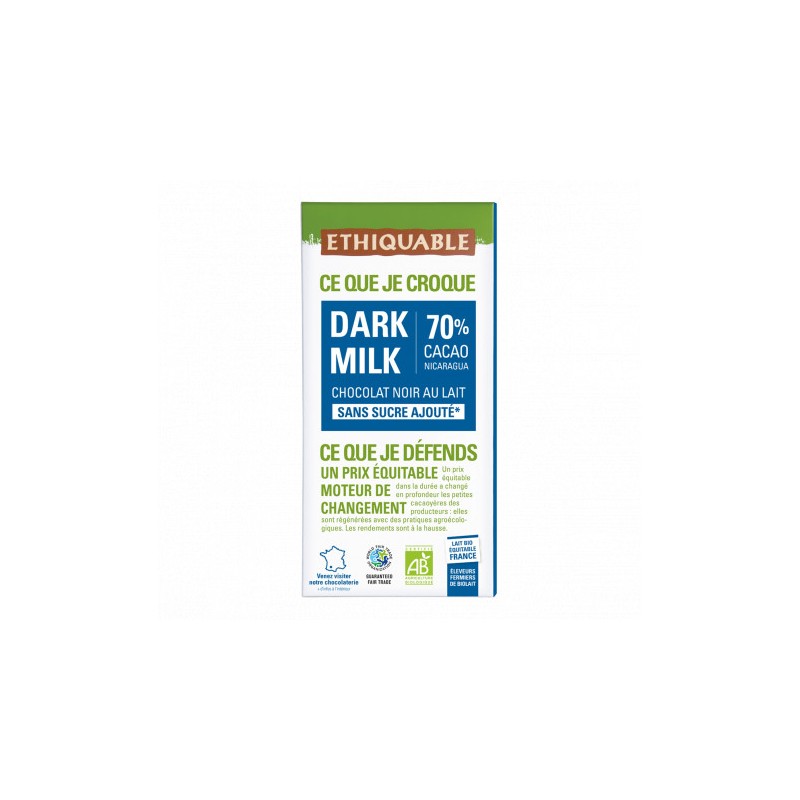 Chocolat Ethiquable Dark Milk sans sucre 70% / 100g
